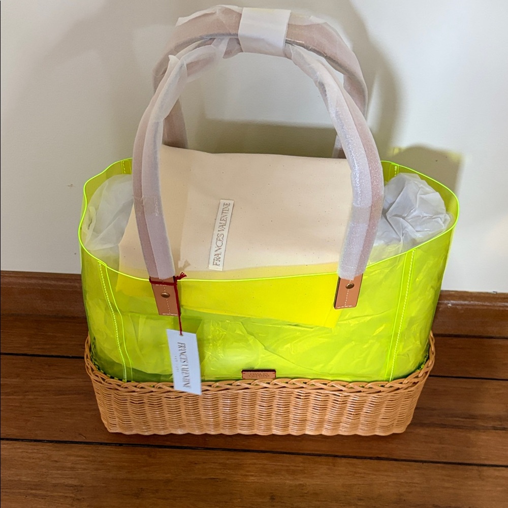 Frances Valentine Neon Yellow Clear Tote with Wicker Bottom